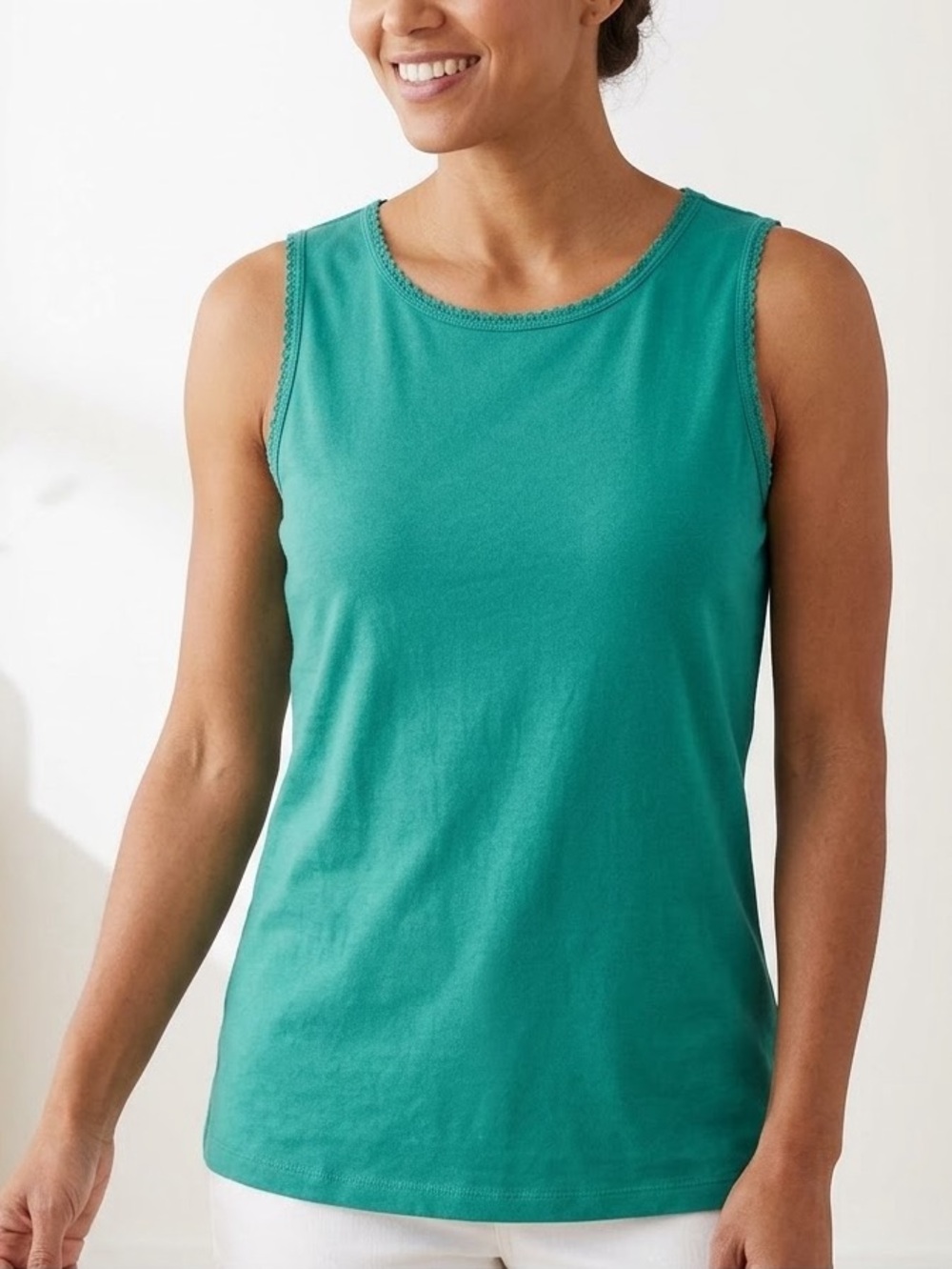 Croft & Barrow Teal Green 100% Cotton Tank Top Crochet Lace Trim S EUC